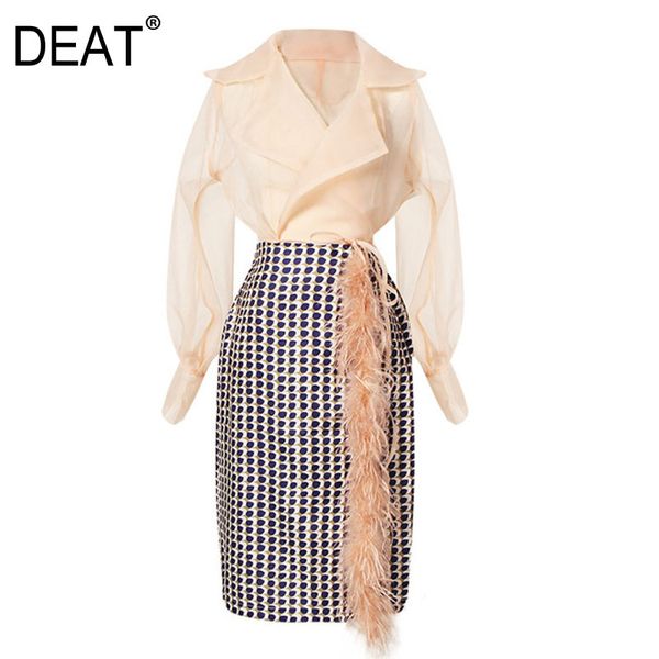

v-neck chiffon shirt feather tassel side split skirt two piece suit women high street fashion spring gx131 210421, White