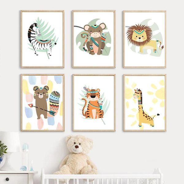 

paintings jungle animals lion zebra tiger bear monkey nordic posters and prints wall art canvas painting pictures for kids room decor