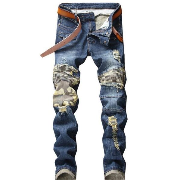 

camouflage jeans men biker trousers male denim pants masculino motorcycle fashion designer men's, Blue