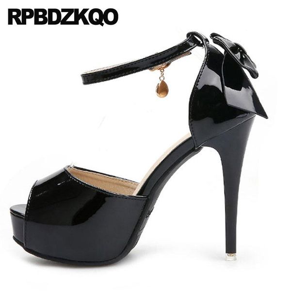 

dress shoes high heels diamond pumps 12cm 5 inch crystal platform ankle strap scarpin extreme bow patent leather exotic dancer women, Black