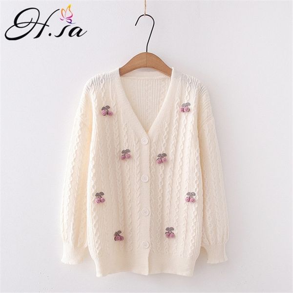 

h.sa women fall knitwear loose and cardigans v neck fruit cherry knit jacket sweet cute casual sweater mujer sueter 210417, White;black