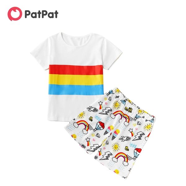 

summer kids rainbow striped tee and allover print shorts set 210528, White
