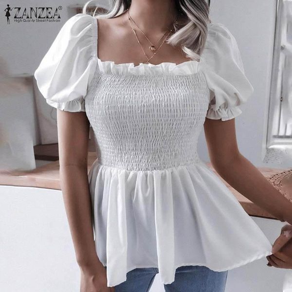 

women's blouses & shirts zanzea summer short puff sleeve blouse elegant women square neck solid party pleated shirt casual female ruff, White