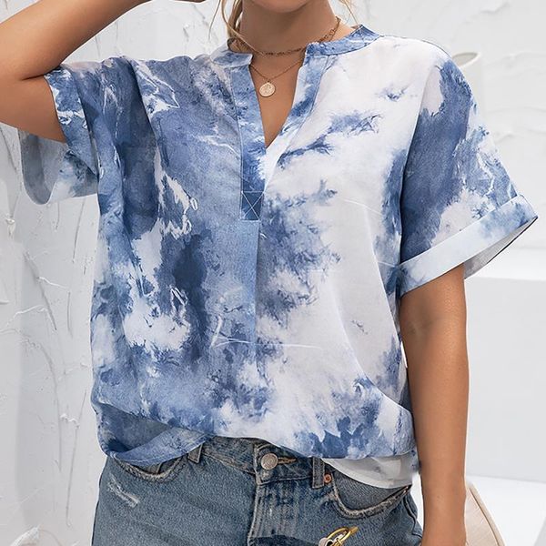 

women's blouses & shirts 2021 casual tie-dye printing blouse shirt v-neck office ladies summer fashion loose short sleeve blusas mujer, White