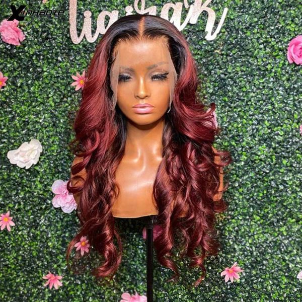 

lace wigs ombre burgundy body wave 13x4 front human hair 1bt99j colored 150% peruvian remy preplucked 4x4 closure, Black;brown