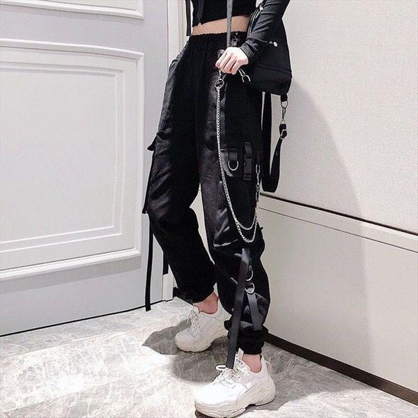 

elastic waist loose cargo womens capris hip hop streetwear black casual punk harem with pockets, Black;white
