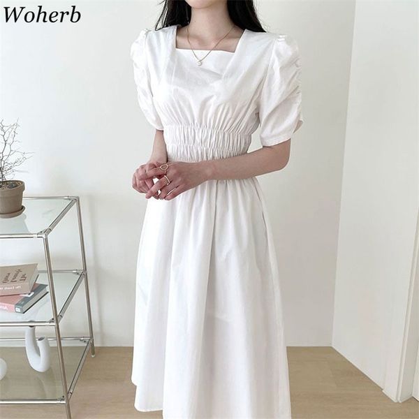 

woman dress ropa mujer chic pleated white vestidos femme square collar puff sleeve robe summer slim korean dresses 210519, Black;gray
