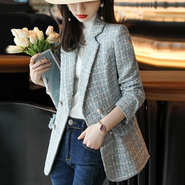 

women's suits & blazers women elegant tweed blazer vintage plaid office lady autumn casual jacket coat double breasted outwear female c, White;black