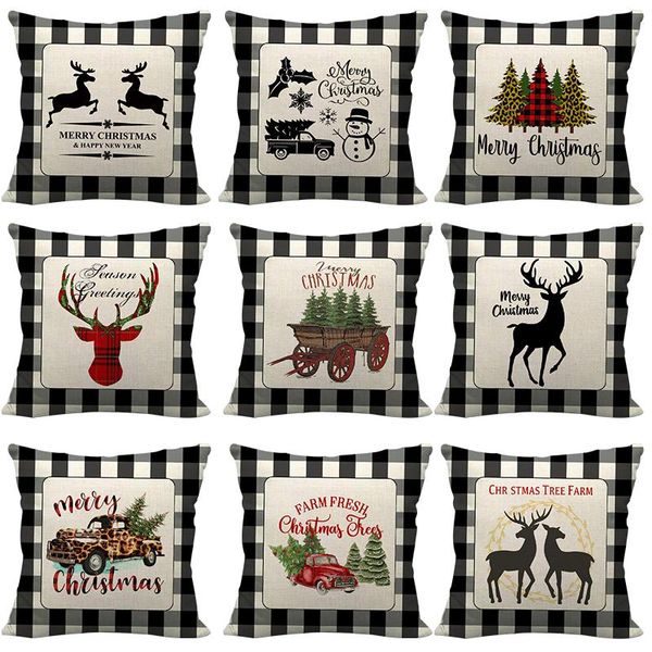 

pillow case 45*45cm englandstyle black grid retro merry christmas elk printing xmas sofe decoration polyester pillowcase