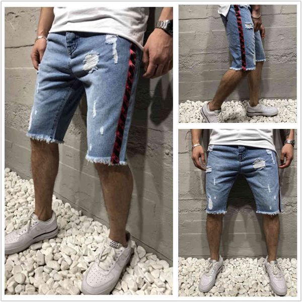 

denim hole slim ribbon jeans shorts men's pants, Blue