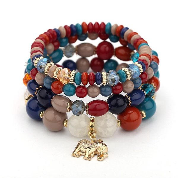 Frisado, fios Bohemian Glass Beads Pulseira Frisada Conjunto para Mulheres Estilo Étnico Vintage Multi-Camada Elefante Charme Pulseiras