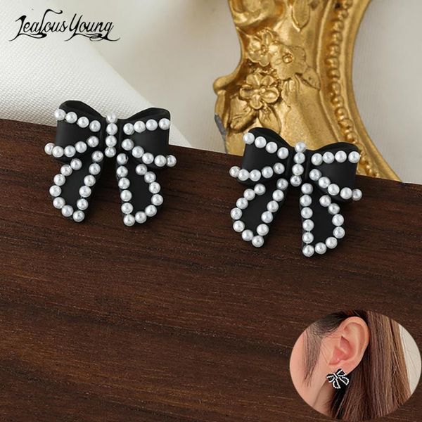 

romantic korean women simulated pearl ear studs with black bow knot stud earrings for girl party wedding jewerly dinner ornament, Golden;silver