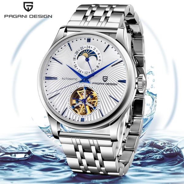 

wristwatches pagani design luxury men's watch brand stainless steel business automatic mechanical tourbillon fashion moon phase men, Slivery;brown