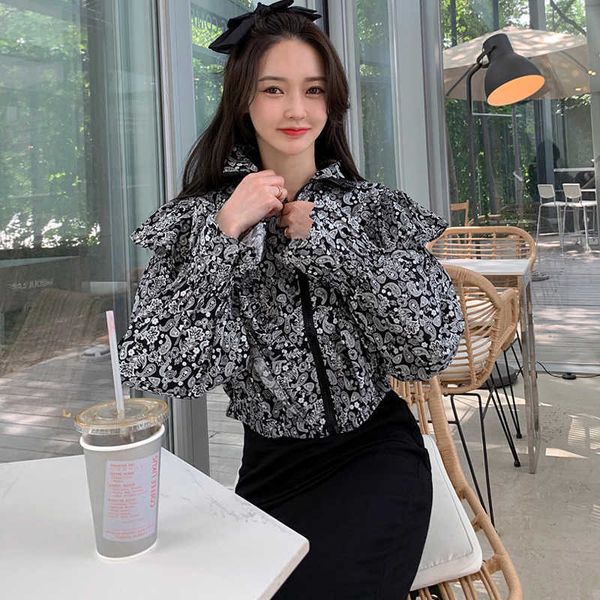 

women autumn floral print zippers jackets coats long sleeve streetwear casual vintage short 210529, Black;brown