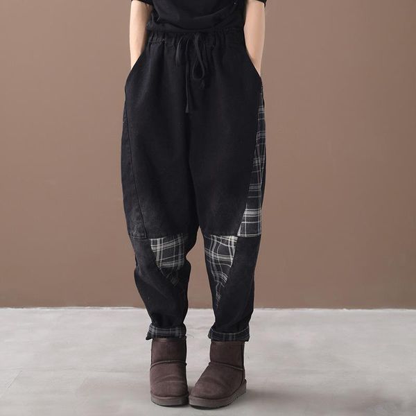 

women's pants & capris women elastic waist patchwork plaid vintage female 2021 loose spliced trousers ladies autumn winter, Black;white
