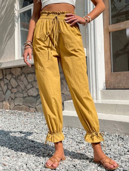 

paperbag waist knot ruffle hem pants v52u#, Black;white