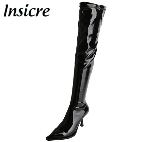 

boots insicre black over the knee women high heels ladies spring autumn patent leather pointed toe party dancing shoes
