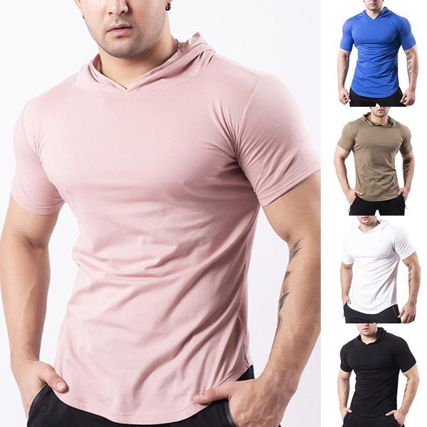 

men's fashion summer short sleeve hoodie t-shirts sweatshirt gym sports slim fitness hooded sportswear tees bhd2 running jerseys, Black;blue