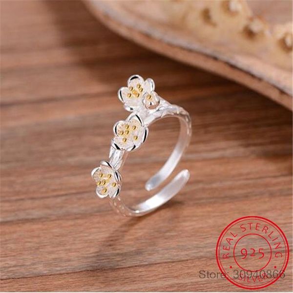 

cluster rings wiredrawing 2 colors plum flower s925 adjustable 925 sterling silver fine jewelry for women anti allergy lmry009, Golden;silver