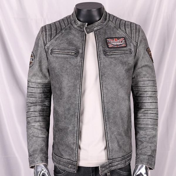 

men's leather & faux genuine cowhide vintage gray autumn / winter jacket motorcycle short slim fashion coat size 4xl, Black