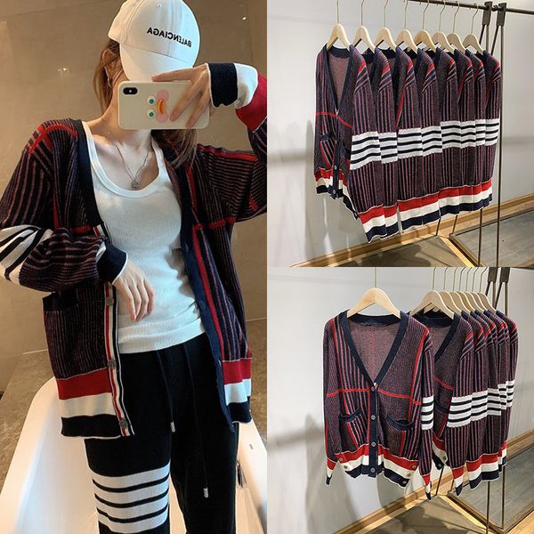 

2021 autumn winter new korean college style v-neck tb knitted cardigan with thin waist and plaid sweater coat women's fashion, White