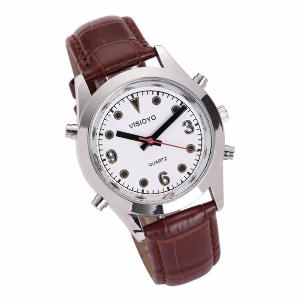 

german talking watch with alarm,white dial tgsw-22g wristwatches, Slivery;brown
