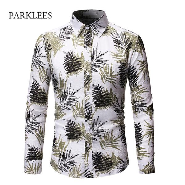 

men's casual shirts leaf print hawaiian beach fashion turn-down collar long sleeve shirt for male autumn slim fit camisa hombre, White;black