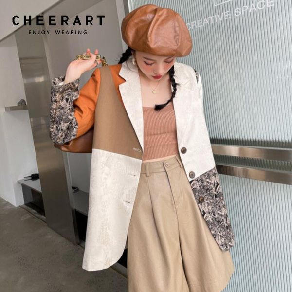 

women's suits & blazers cheerart high fashion jacquard colorblock khaki blazer for women elegant designer ladies coat and jackets fall, White;black