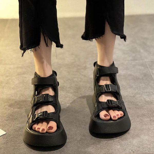 

sandals sports design women's summer soft soles 2021 thick soled college students casual roman shoes flat platform lady shoe, Black