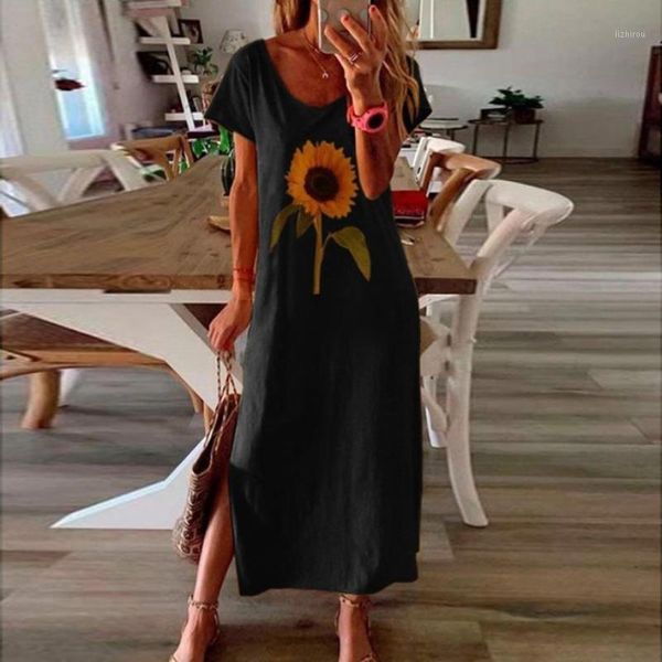 

women's swimwear fashion women summer dresses short sleeve deep o neck long maxi casual plus size printed vintage beach dress, White;black