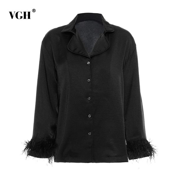 

vgh black splicing feather shirt for women v neck flare sleeve large size casual blouse female fashion new clothing fall 210421, White