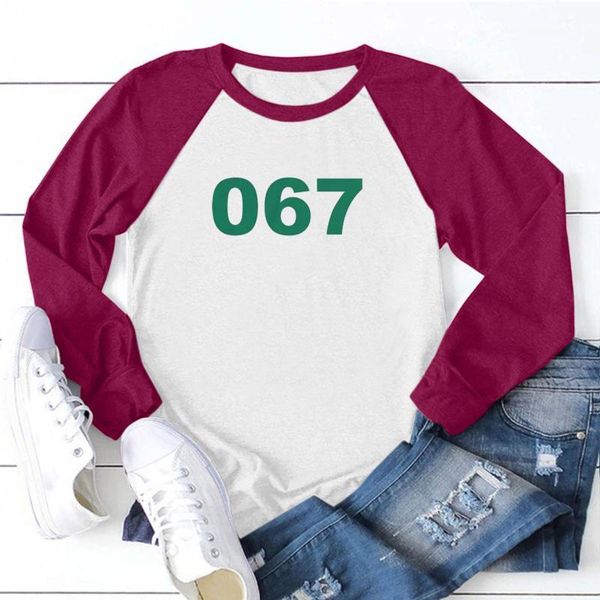 

women's t-shirt squid game summer women casual round neck number 067 six print long sleeve funny korean o-neck loose tee 1, White