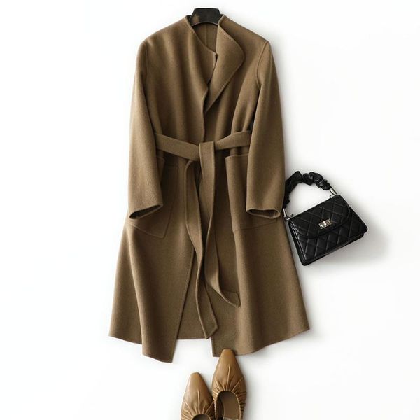 

wear very thin ~ temperament style 100% australian wool handmade double-sided overcoat without buckle and tie in winter women's & blend, Black