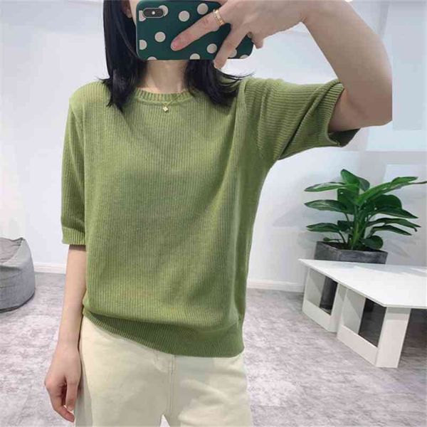 

casual o-neck short sleeve knitted t-shirt korean style solid loose knitwear female summer clothes for women 210522, White