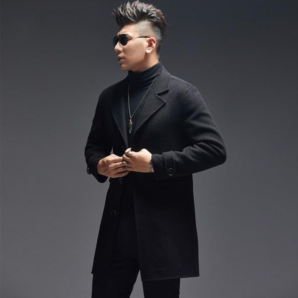 

men's wool & blends 100% coat men autumn double-sided long jacket korean mens overcoat peacoat jackets erkek mont lm18-1019 kj1566, Black