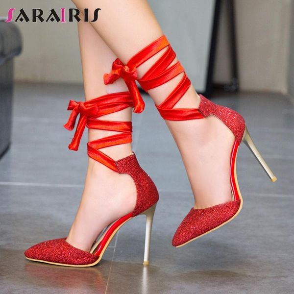 

dress shoes sarairis lady high heel bling pointed toe sandals summer women ankle strap red wedding party prom woman, Black