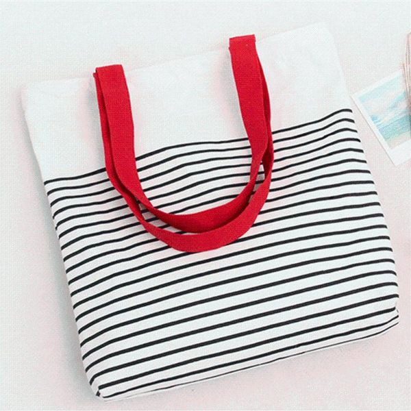 

shopping bags cotton stripe canvas tote shoulder carrying bag eco reusable zippered small