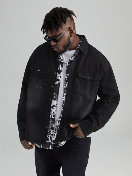 

extended sizes men drop shoulder flap pocket denim jacket 38vr#, Blue