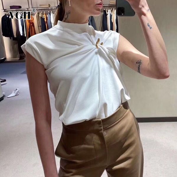 

vgh white casual vests for women o neck sleeveless patchwork metal button slim tank female summer fashion clothing new 210421