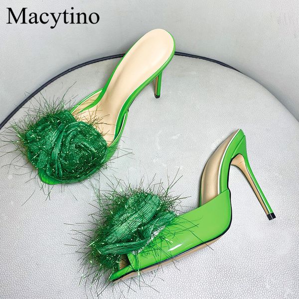 

slippers summer ladies party stiletto slippers rose flower decoration round head high heels green gold 30r7, Black