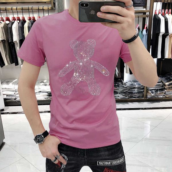 

w0579 european new men's short sleeve trend slim fit t-shirt men's summer thin men's coat bear diamond nightclub dress, White;black