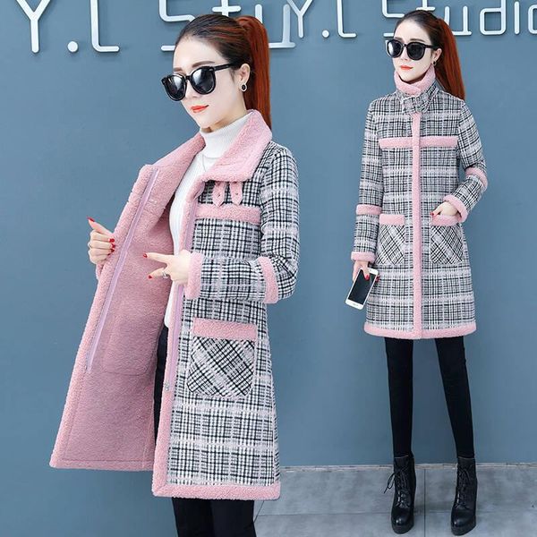 

women's wool & blends plush thickened mid-length plaid cotton coat jacket women 2021 winter imitation lamb woolen, Black