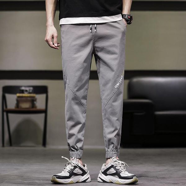 

men's pants boys summer tie trousers 2021 korean version of loose overalls nine points casual men, Black