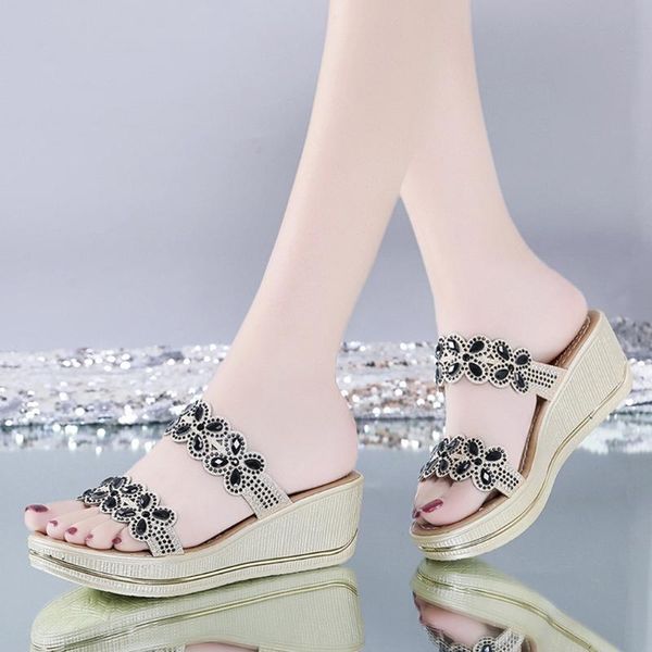 

sandals ladies casual travel women bohemia crystal wedges thick peep toe slippers shoes versatilely leisure shoe, Black