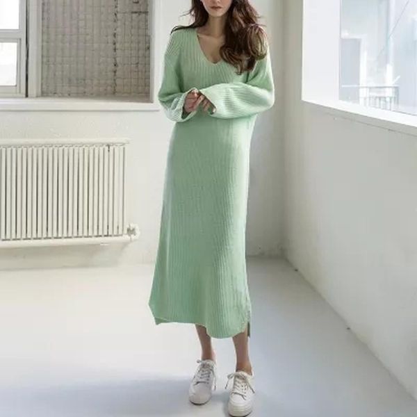 

casual dresses korean black green purple knitted winter sweater dress women warm thick pollover woman 2021 solid jumper robe, Black;gray