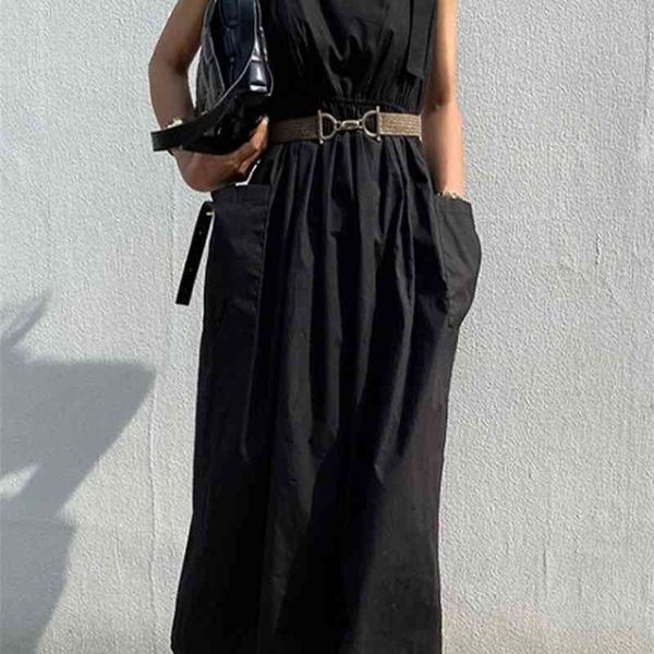 

casual dresses women solid summer sleeveless pockets strap large size loose long big swing sundress c989, Black;gray