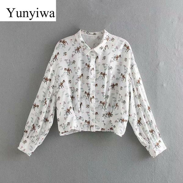 

women's blouses & shirts 2021 women sweet chic printing casual smock blouse long sleeve buttons blusas pleats femininas, White