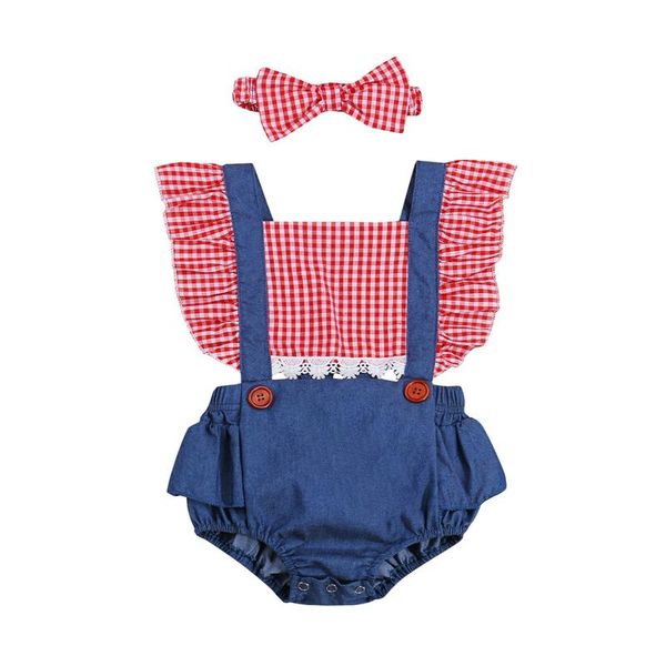 

rompers 2pcs cute style baby girls outfit toddlers summer red plaid lace decoration sleeve denim splicing bodysuits + bow headwear, Blue