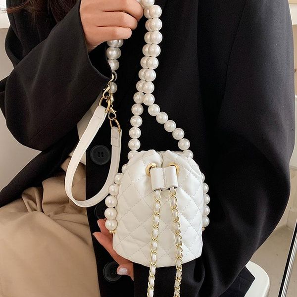

evening bags lattice mini bucket bag 2021 summer high-quality pu leather women's designer handbag pearl strap shoulder messenger