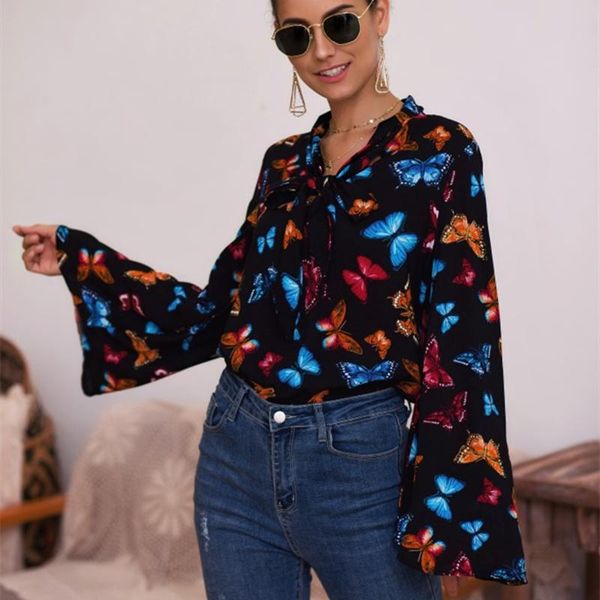 

women's blouses & shirts women vintage v-neck butterfly print blouse bandage flare long sleeve elegant 2021 arrival autumn fashion, White